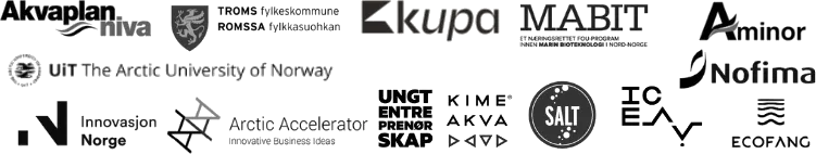 Partner logos: Akvaplan-niva, Troms fylkeskommune, KUPA, MABIT, Aminor, Nofima, UiT, Innovasjon Norge, Arctic Accelerator, Ungt Entreprenørskap, KIME AKVA, SALT, ICE, Ecopang